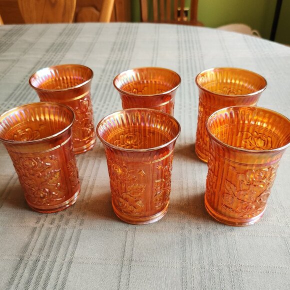 Vintage Imperial Glass Luster Or Open Rose Marigold Carnival  6 Antique Imperial Marigold Carnival Glass Lustre Rose Pattern Tumblers